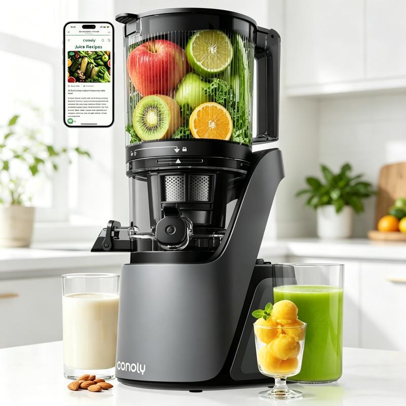 Licuadora de prensado en frío Canoly C16, boca de alimentación extra ancha de 15 cm, filtros 3 en 1 (jugo, sorbete y leche vegetal), potente motor de CA sin escobillas, sistema de precorte automático, máquina de licuado libre de BPA.