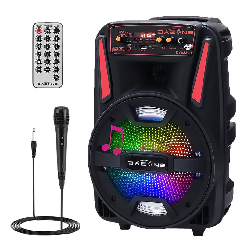 Altavoz portátil Bluetooth PA con subwoofer de 8", altavoz inalámbrico recargable con micrófono, radio FM y LED.