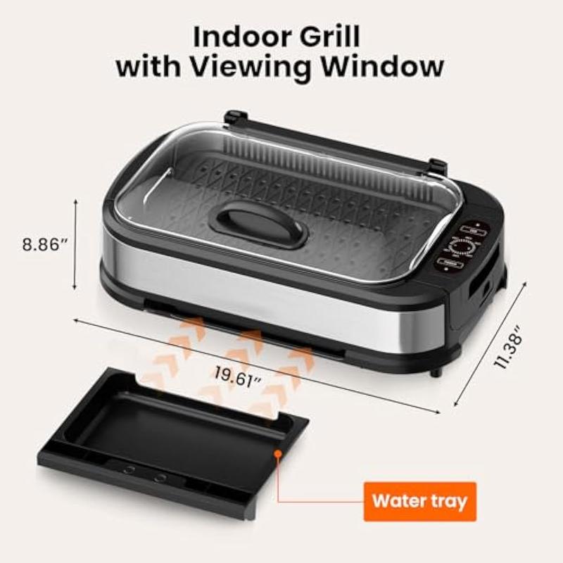Parrilla eléctrica de interior sin humo, de 1500 W, con tapa de vidrio templado, antiadherente, estilo barbacoa coreana, con control de temperatura de 6 niveles, extractor de humo Dual Turbo, bandeja recogegrasa y piezas aptas para lavavajillas.