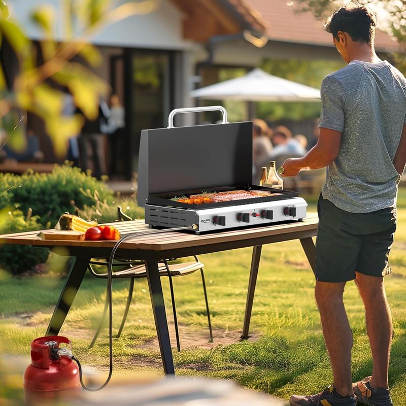 Plancha portátil de propano ROVSUN de 2/4 quemadores con bandeja y tapa esmaltadas, parrilla de gas de mesa plana de 20000/40000 BTU con encendido electrónico y regulador para cocinar al aire libre, acampar, barbacoas y eventos al aire libre.