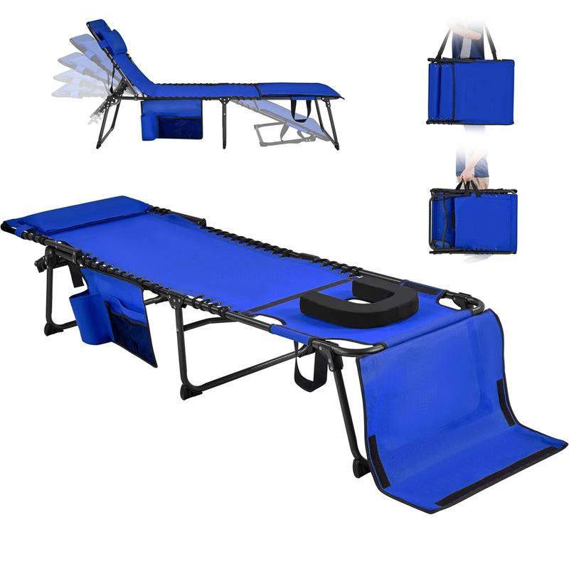 Silla plegable para tomar el sol en el patio, con orificio para la cara, tumbona reclinable ajustable en 5 posiciones, ranuras para los brazos, práctico espacio de almacenamiento para tomar el sol y broncearse la espalda.