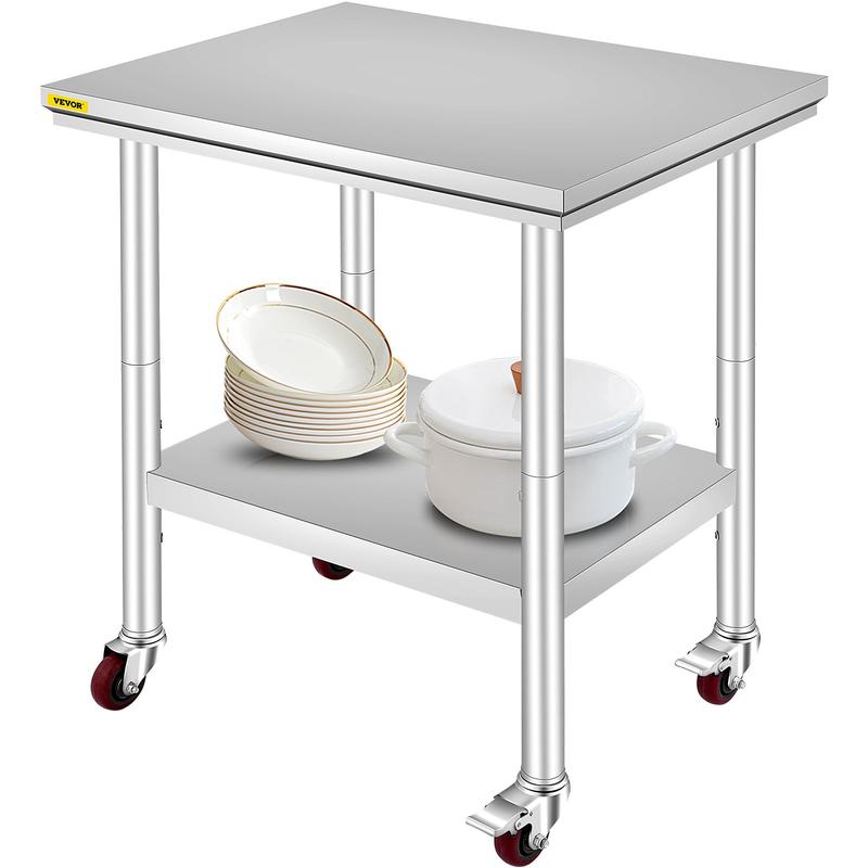 Mesa de trabajo VEVOR de acero inoxidable, varias especificaciones, con 4 ruedas, mesa de trabajo comercial de alta resistencia para preparación de alimentos con freno para trabajos de preparación de cocina, mesa de trabajo de acero inoxidable