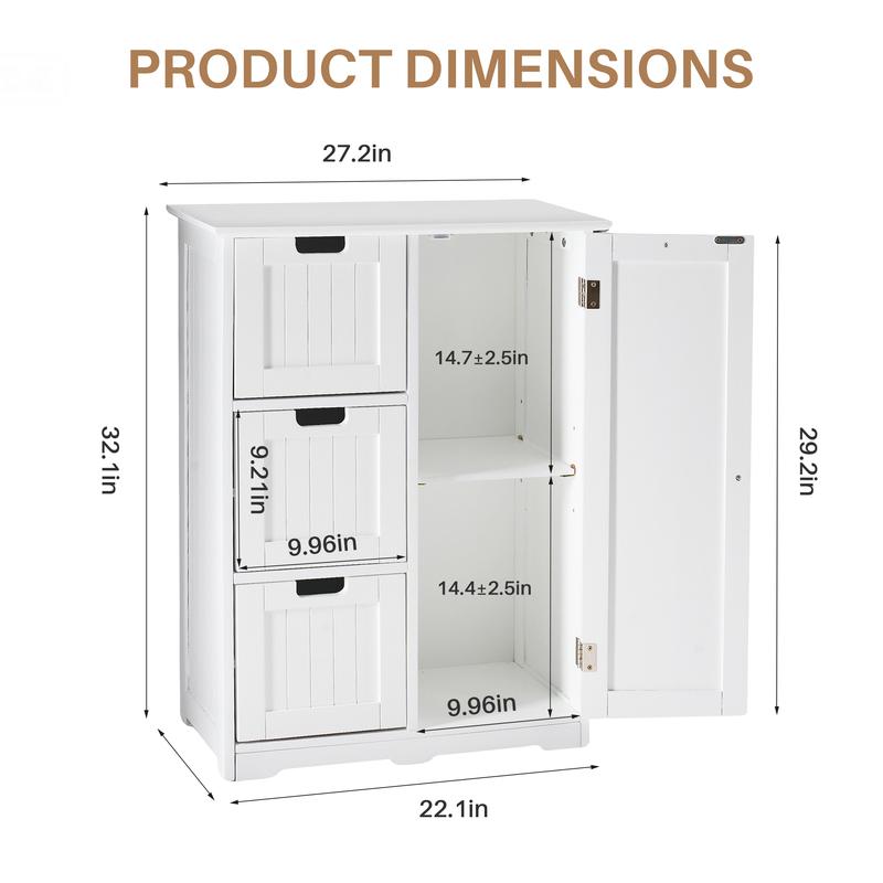 Mueble de baño moderno de madera blanca para suelo - Armarios de madera, doble cajón, organizador de almacenamiento multicompartimento con 3 cajones, 2 estantes, armarios con doble cajón