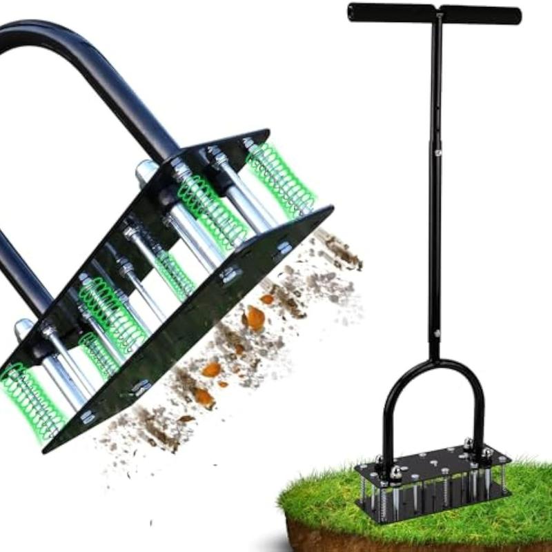 Aireador de césped RIFPOD - Herramienta aireadora de césped, diseño de limpieza automática de tierra y hojas, aireador de césped manual de alta resistencia con 15 púas de hierro, altura ajustable, aireador de césped para jardín (negro)