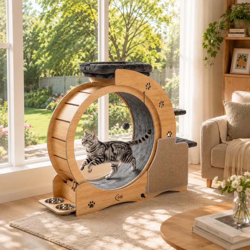 NAVINE Rueda de ejercicio para gatos de 40" para gatos de interior, cinta de correr para gatos con nido, rueda con cierre de seguridad, rascador, casita, escalera y comedero.
