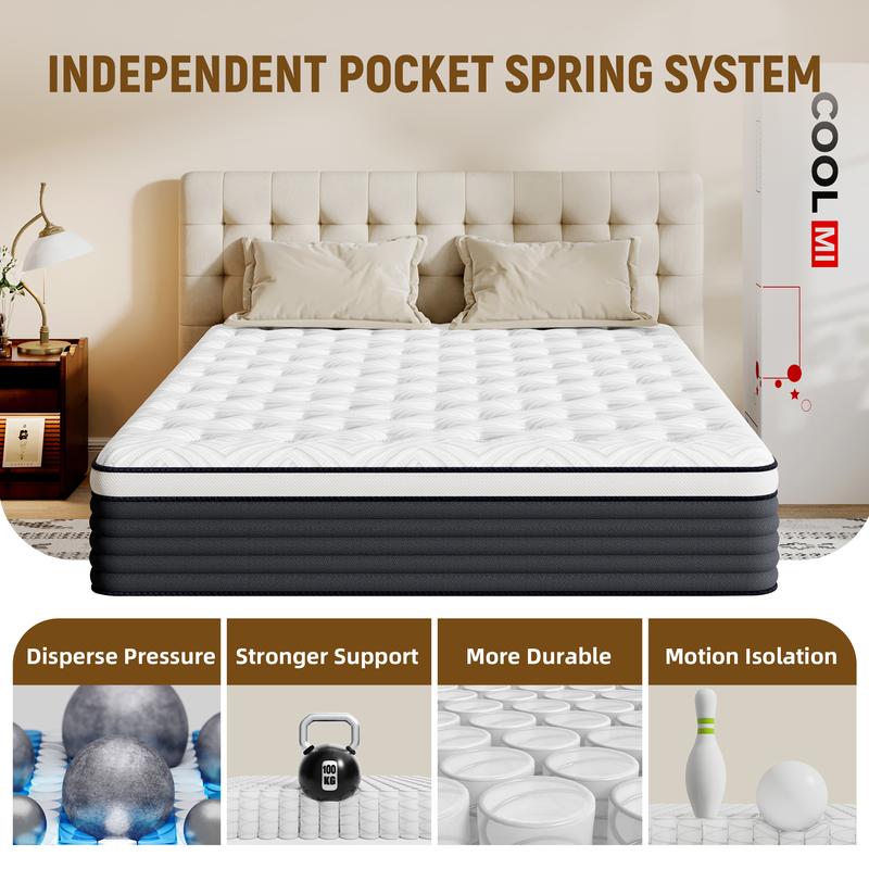 Colchones híbridos COOLMI de 12/14 pulgadas en caja con resortes ensacados Comfort Pocket Coils, espuma viscoelástica, alivio de presión y aislamiento de movimiento, certificación CertiPUR-US, tamaño individual/doble/queen/king. Sin fibra de vidrio. Sueño