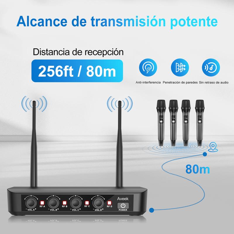 Sistema de micrófono inalámbrico Aveek con 4 micrófonos dinámicos de mano: alcance de 78 metros, batería de 40 horas, sonido de estudio de baja latencia para karaoke, canto, iglesia, escenario y eventos.