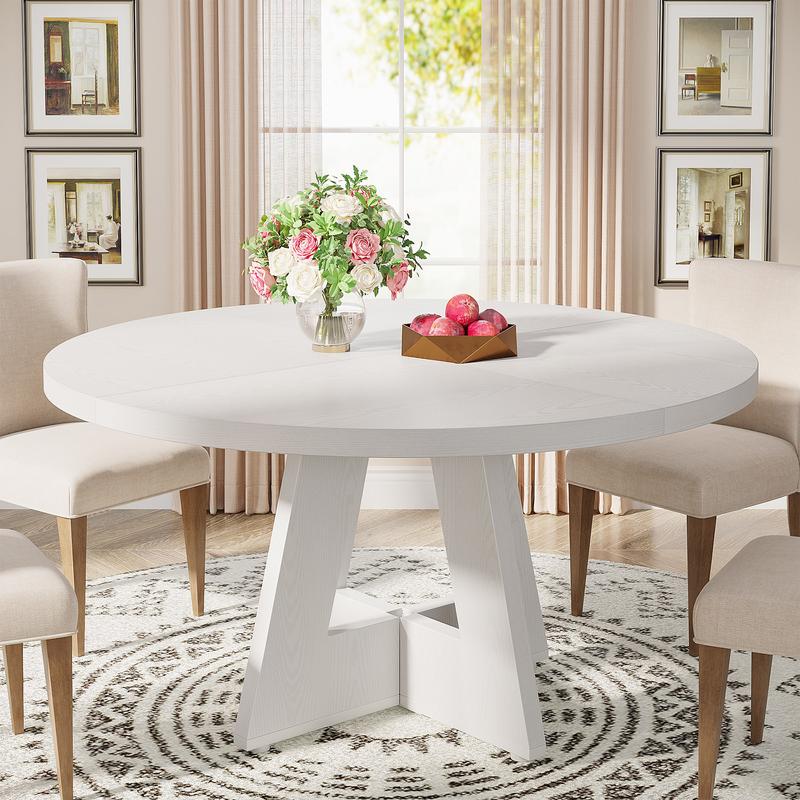 Mesa de comedor redonda de 119 cm para 4 personas - Madera de ingeniería de alta calidad, fácil de limpiar, impermeable, duradera, sillas no incluidas. Modo mesa con pedestal.