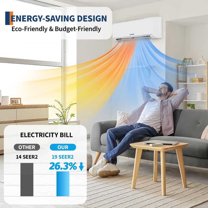 Sistema de aire acondicionado y calefacción central mini split Garvee de alta eficiencia de 18000 BTU - 19 SEER2 - 230 V - Compatible con WiFi y Alexa - Sistema de refrigeración y calefacción - Bomba de calor