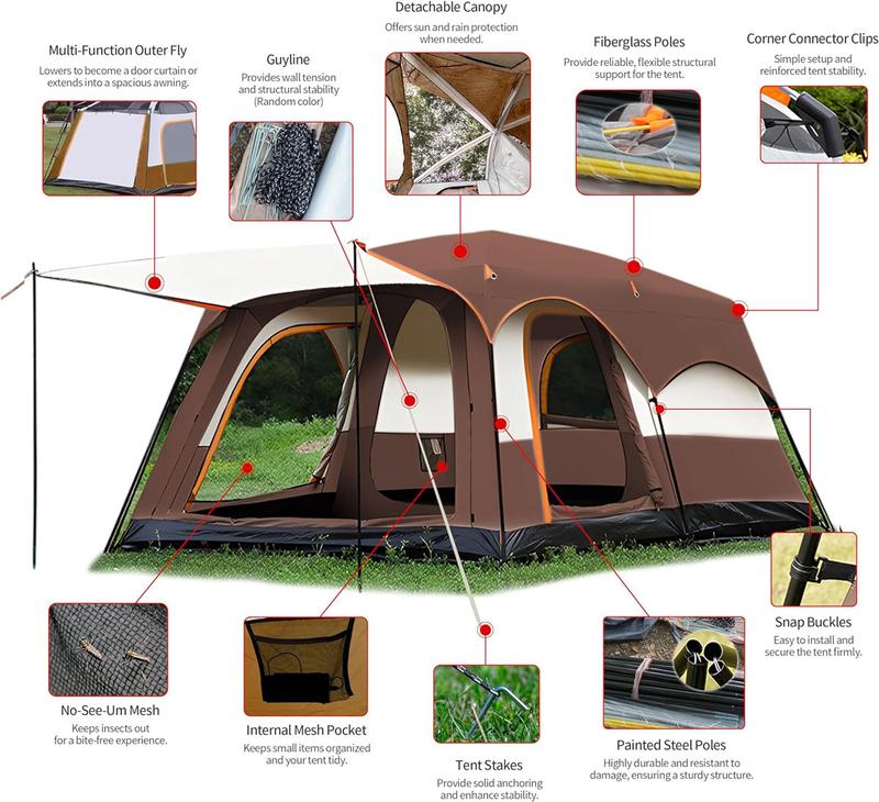 【Tienda de campaña impermeable】Tienda de campaña extragrande para 12 personas, impermeable, de montaje instantáneo, de poliéster Oxford, ligera, con ventanas de malla, doble puerta, fácil de montar. Accesorios de camping. Tienda de campaña para acampar. R