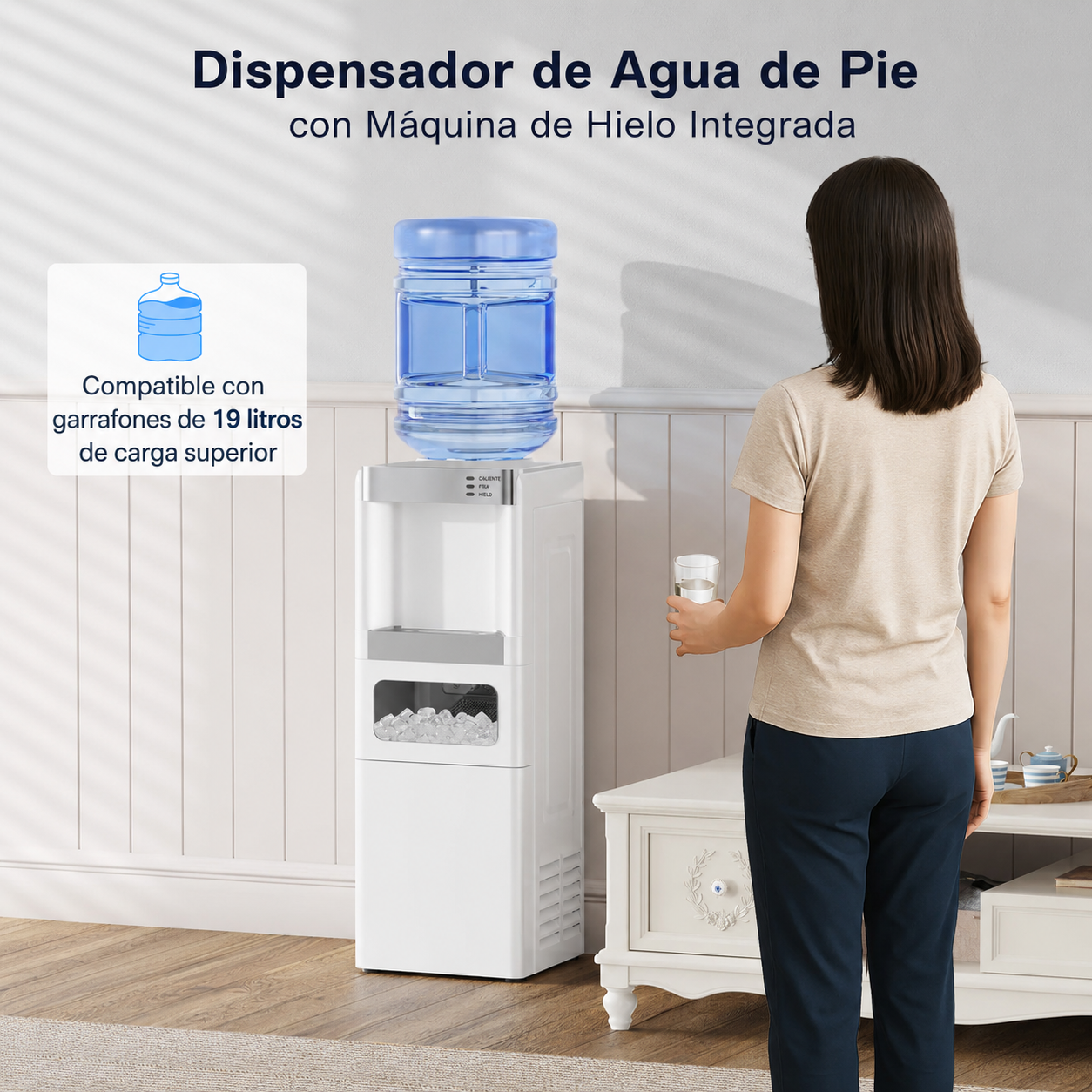 Dispensador de agua fría y caliente de carga superior con máquina de hielo integrada; compatible con garrafones de 5 galones y equipado con seguro para niños. Mantente fresco y revitalizado durante el caluroso verano.