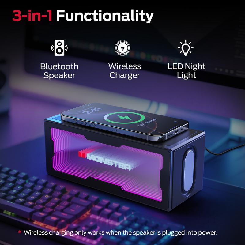 Altavoz Bluetooth portátil compacto Monster S280 con sonido estéreo de 40 W, Bluetooth 6.0, espectáculo de luces LED 3D, estación de carga inalámbrica, llamadas manos libres, compatibilidad con USB/AUX/tarjeta TF, almohadilla ajustable para dispositivos, 