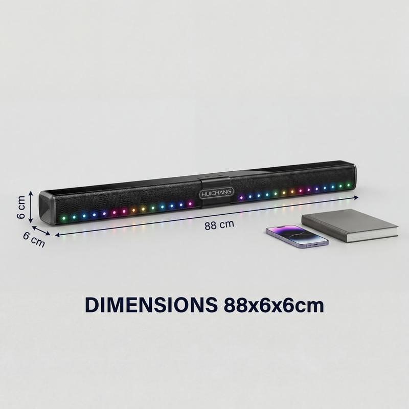 Barra de sonido RGB HUICHANG de 10 altavoces: diseño delgado de 88 cm (34,6") con Bluetooth 5.3 inalámbrico, potencia máxima de 300 W, graves profundos 9D, estéreo TWS, acabado en negro piano, entradas AUX/USB/coaxial, perfecta para cine en casa, TV, jueg