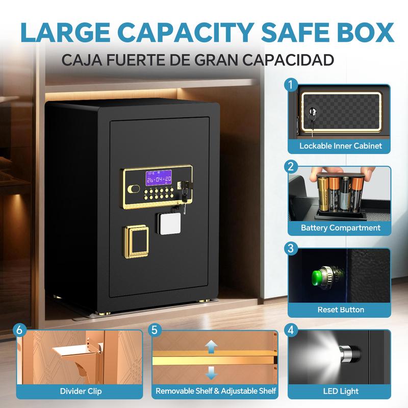 Caja fuerte grande, caja fuerte digital con teclado, sistema de alarma inteligente y cerradura interior, para objetos de valor, dispositivos de espionaje, caja fuerte interior con bolsa ignífuga e impermeable, artículos esenciales para la renovación del h
