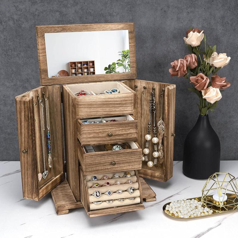 Caja de joyería Emfogo para mujer, cajas y organizadores de joyería de madera rústica con espejo, caja organizadora de joyería de 4 niveles para anillos, pendientes, collares y pulseras.