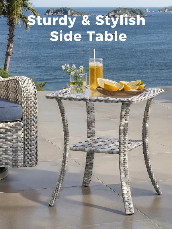 Conjunto moderno de muebles de exterior de mimbre de 3 piezas: sillas de exterior mecedoras de respaldo alto con asiento profundo y cojines de 10 cm, mesa auxiliar resistente a la decoloración, ratán PE resistente a la intemperie para jardín, patio traser