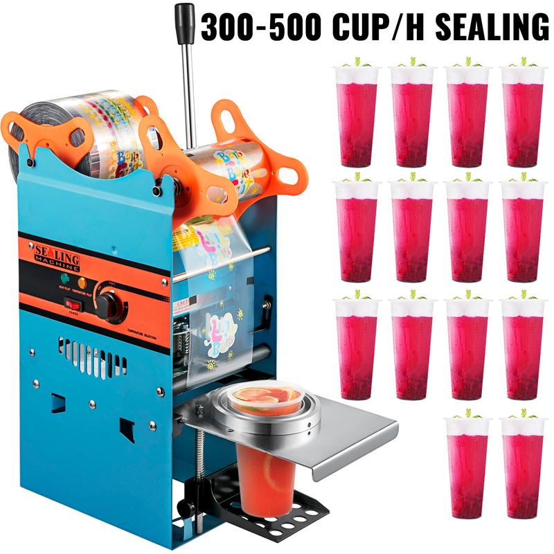 Máquina selladora manual de vasos de té, máquina selladora manual de té boba de 300-500 vasos/hora, máquina selladora de té boba azul, máquina selladora de vasos de 90/95 mm de diámetro con tecnología de calentamiento para té de burbujas