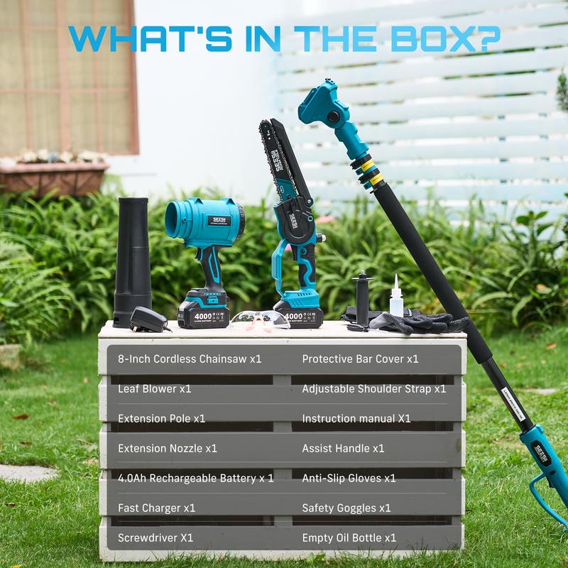 SEESII Soplador Turbo Jet 4 en 1 y sierra de pértiga inalámbrica de 8 pulgadas, pértiga telescópica extensible equipada con motosierra de 8 pulgadas y soplador de aire, ideal para podar el jardín, limpiar canalones, secar vehículos después del lavado, ref