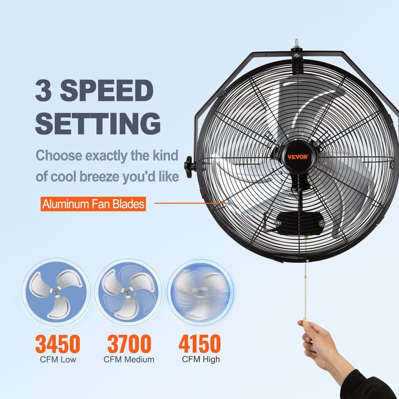 Ventilador de pared impermeable IP44, 3 velocidades, alta velocidad máxima de 4150 CFM, ventilador de pared industrial, comercial o residencial para almacén, invernadero, taller, patio, negro.