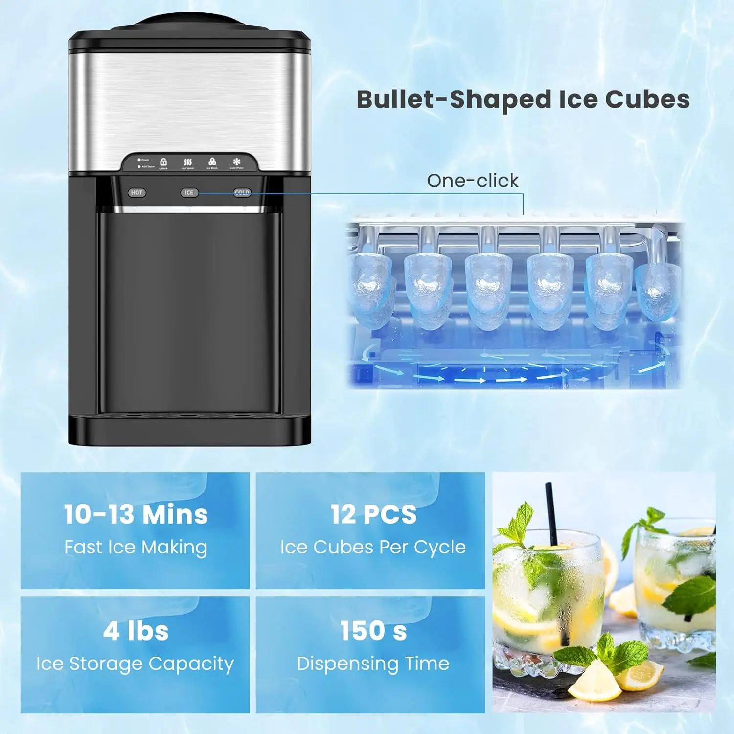 Dispensador de agua de sobremesa con máquina de hielo; dispensador 3 en 1 de carga superior para agua fría y caliente (garrafas de 5 galones) y producción de 48 libras de hielo al día.