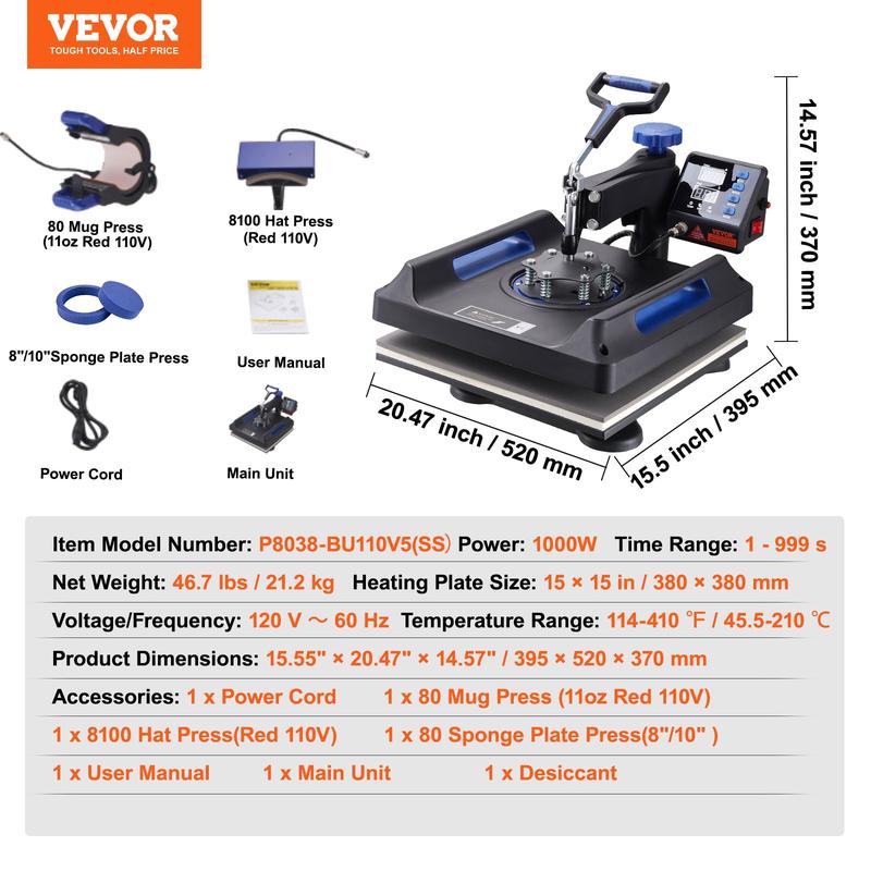 Prensa térmica de 15 x 15 pulgadas, 8 en 1, 800 W, para sublimación, rotación de 360°, función de giro, 8 en 1, para impresión de camisetas, calentamiento de doble tubo para camisetas, gorras y tazas DIY.