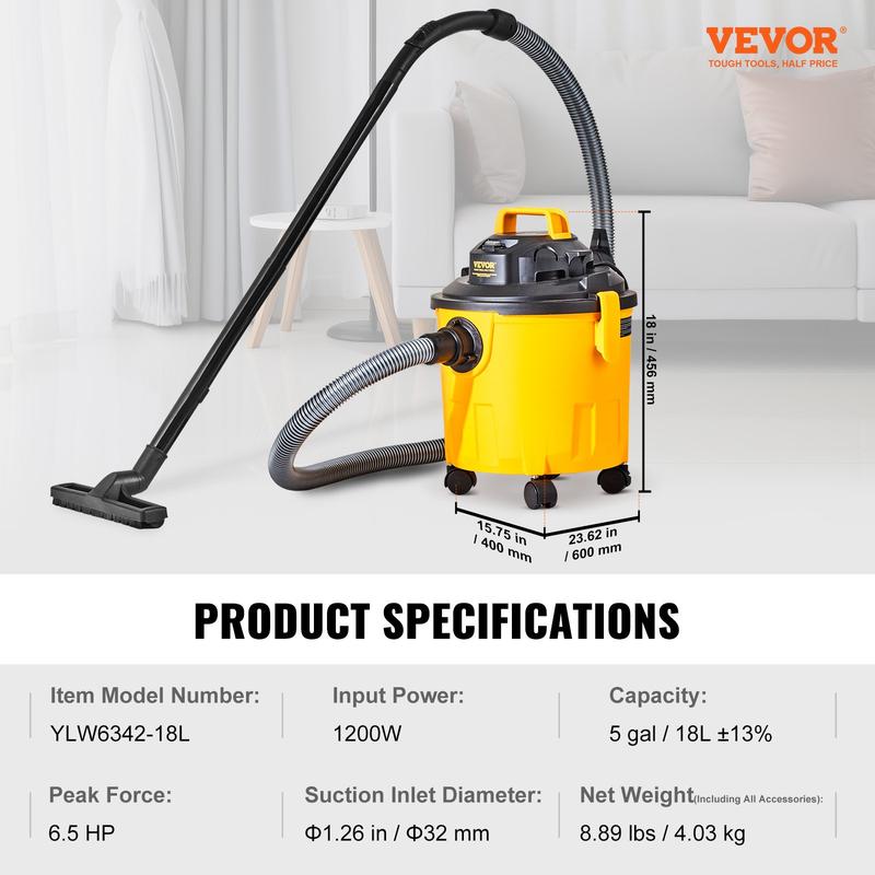 Aspiradora VEVOR para sólidos y líquidos, capacidad máxima de 8 galones, 6 HP de potencia máxima, 3 en 1, con función de soplado, portátil con accesorios para limpiar pisos, tapicería y espacios. Certificación ETL. Aspiradora de alta potencia con potente