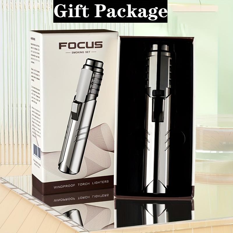 Encendedor de gas butano en pistola de metal de alta temperatura de 1800°, resistente al viento, azul, portátil, con control de llama ajustable, set de regalo para hombre con caja de regalo para soldadura al aire libre y camping (gas butano no incluido).
