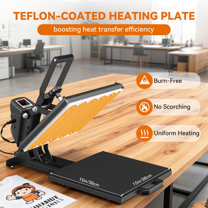 Prensa térmica de sublimación deslizante AKEYDIY de 15 × 15 pulgadas, prensa térmica con tapa abatible, máquina de transferencia digital de grado industrial, calentamiento rápido, adecuada para vinilo de transferencia térmica, funciona para camisetas, bol