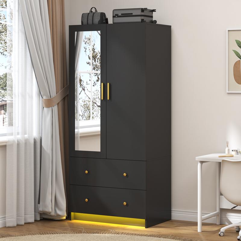 Armario moderno de 2/3 puertas con espejo, 2 cajones y luces LED RGB, armario con barra para colgar ropa para almacenamiento en el dormitorio, artículos esenciales para dormitorios, decoración del hogar
