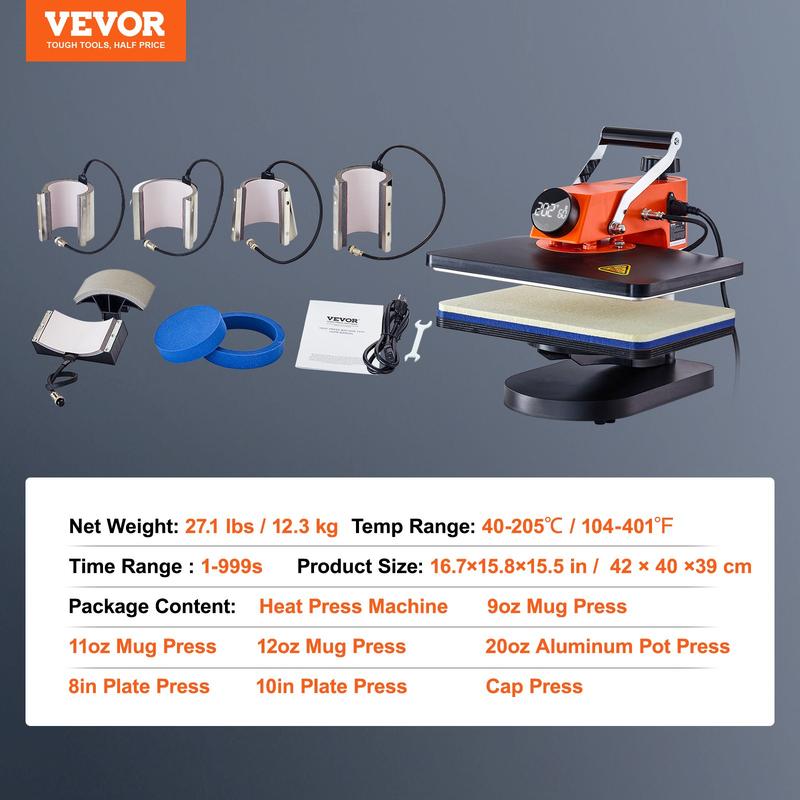 Prensa térmica de 15 x 15 pulgadas, 8 en 1, 800 W, para sublimación, rotación de 360°, función de giro, 8 en 1, para impresión de camisetas, calentamiento de doble tubo para camisetas, gorras y tazas DIY.