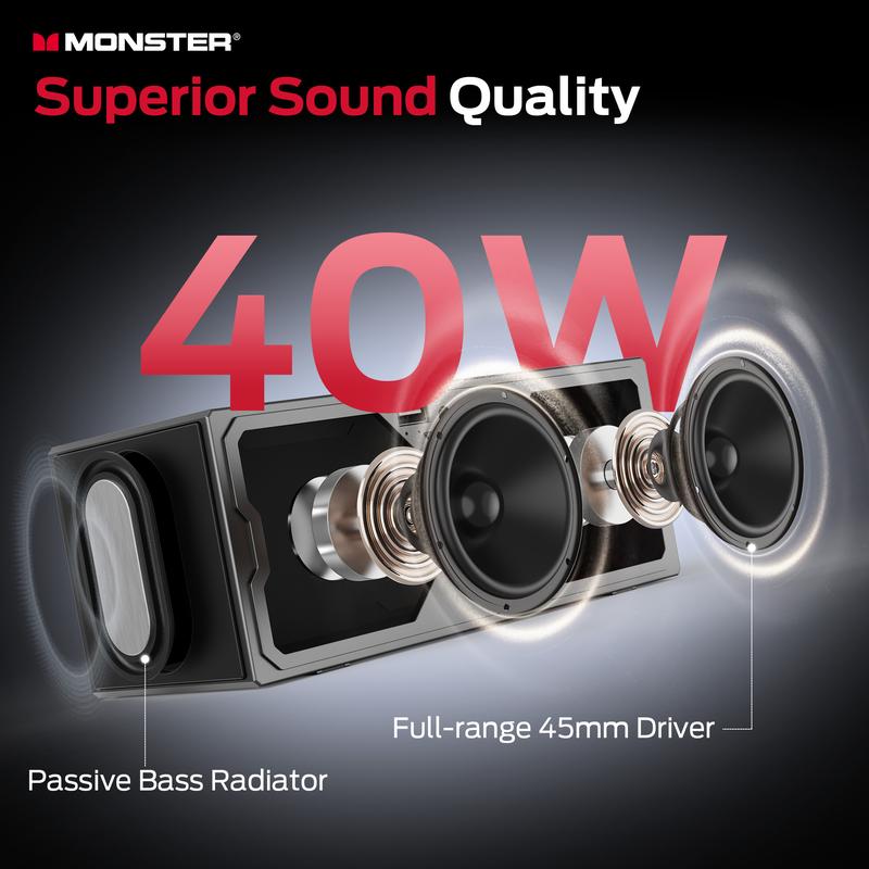 Altavoz Bluetooth portátil compacto Monster S280 con sonido estéreo de 40 W, Bluetooth 6.0, espectáculo de luces LED 3D, estación de carga inalámbrica, llamadas manos libres, compatibilidad con USB/AUX/tarjeta TF, almohadilla ajustable para dispositivos, 