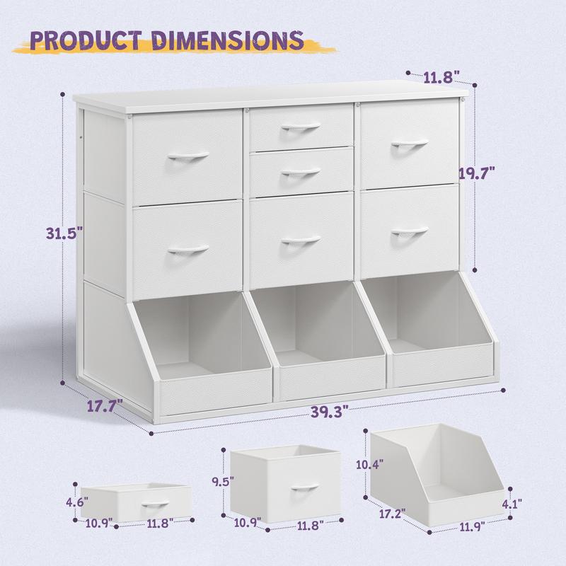 Organizador de almacenamiento Raybee de 99 cm de ancho con 7 cajones con cierre, 3 cajones con diseño de apertura espaciosa, estantería alta y librería para niños y niñas, cómoda moderna, mueble para el hogar que ahorra espacio para sala de juegos, aula, 