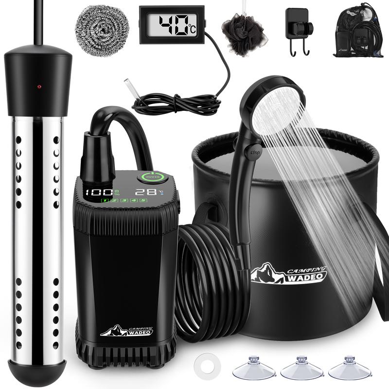 Ducha portátil mejorada 2026 para camping con calentador, ducha de camping recargable con pantalla LED inteligente, cubo plegable de 5 galones, 4 modos de rociado, ducha portátil para viajes, baño de mascotas, lavado de autos