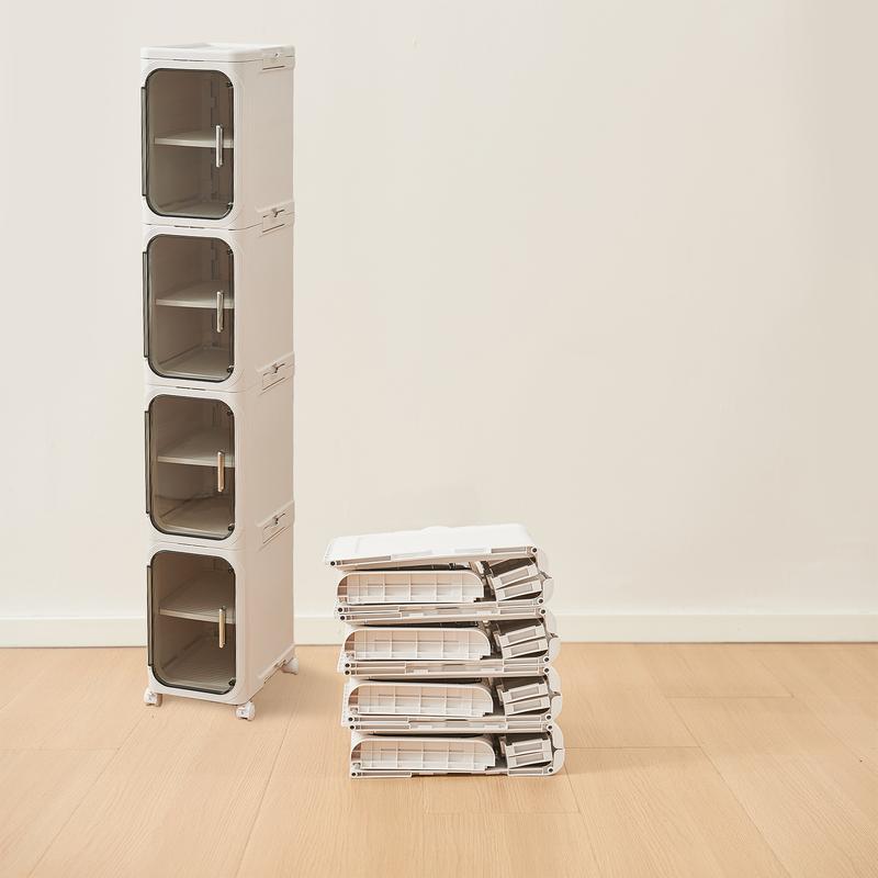 Armario de almacenamiento UFORU de cuatro niveles, alto y estrecho, fabricado en plástico, con un diseño delgado, puertas y estantes ajustables, ruedas, apilable y plegable, adecuado para espacios pequeños, baños y cocinas.