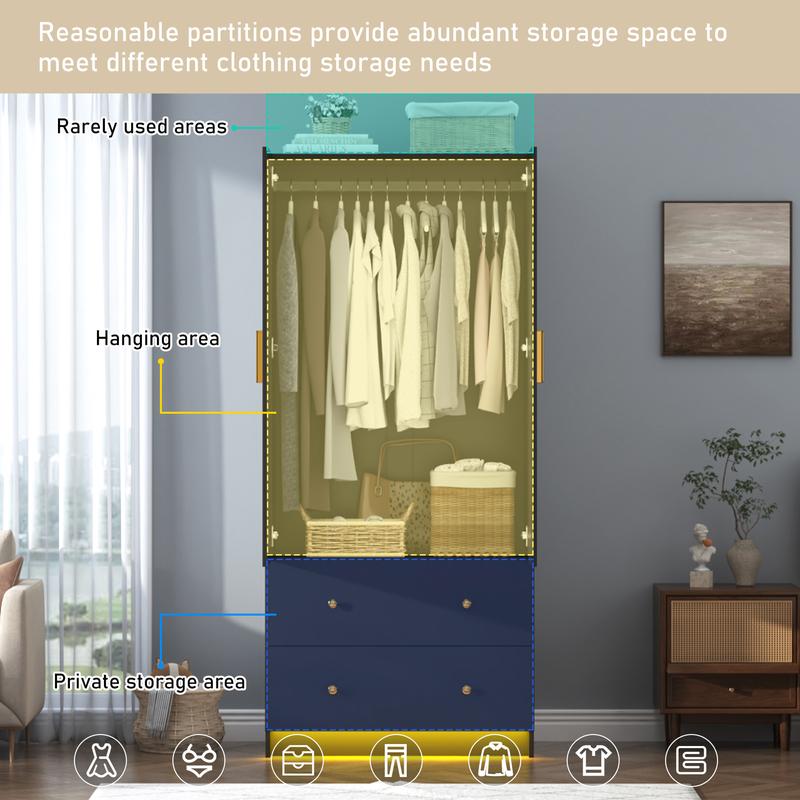 Armario moderno de 2/3 puertas con espejo, 2 cajones y luces LED RGB, armario con barra para colgar ropa para almacenamiento en el dormitorio, artículos esenciales para dormitorios, decoración del hogar
