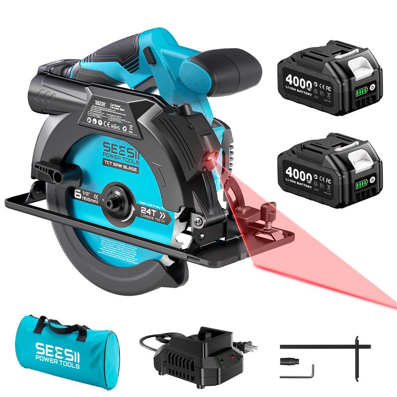 Sierra circular inalámbrica de 21 V MAX (6-1/2”) con guía láser, recargable (2 baterías de 4 Ah y mango auxiliar), profundidad de corte de 2-1/4”, 5200 RPM, capacidad de biselado de 0-45°, sierra circular portátil con profundidad ajustable para trabajos a