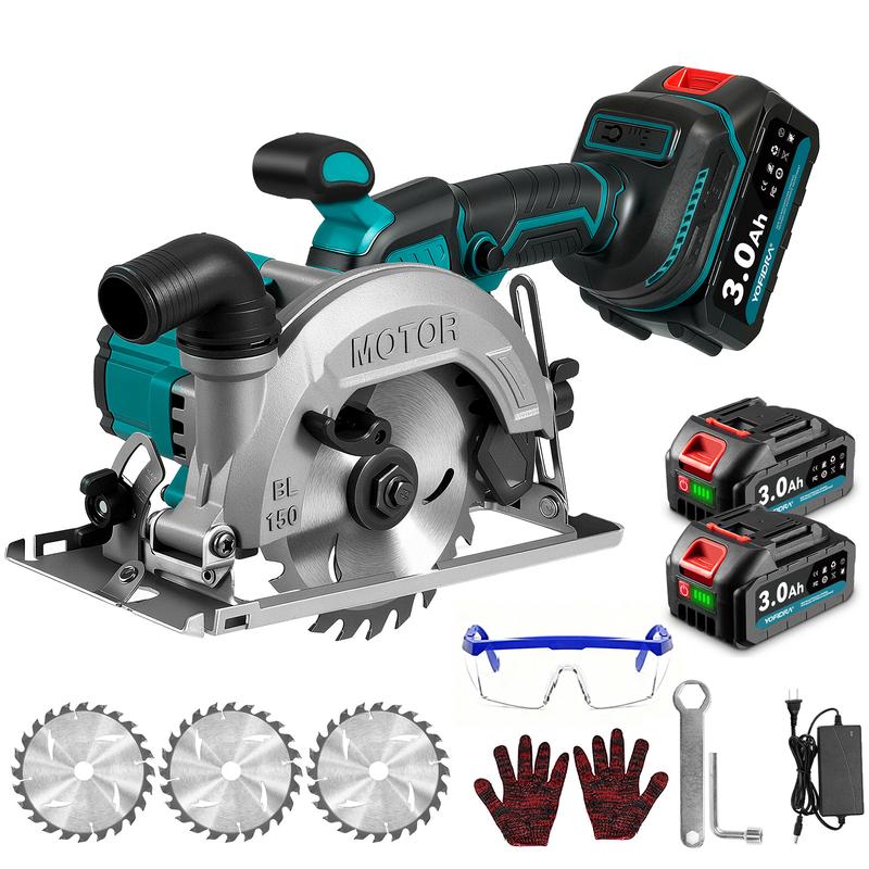 Sierra circular portátil inalámbrica YOFIDRA | Profundidad de 48 mm/Desalineación de 45° | Incluye 3 hojas de sierra y dos baterías | Motor sin escobillas | Ideal para trabajos de bricolaje en madera, metal y piedra, regalo para el Día del Padre