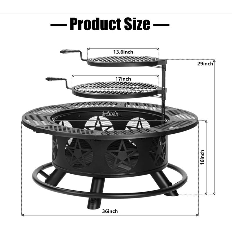 Juego de fogata metálica resistente Outvue de 36/42 pulgadas - Quema de leña, 2 parrillas de llama abierta, tapa y atizador, mesa segura para exteriores para barbacoa, reuniones en el patio, artículos para exteriores para adultos, fiesta
