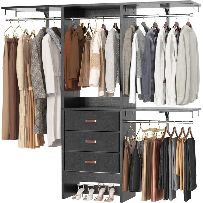 Armario vestidor Cyclysio de 152 cm de ancho con 3 compartimentos - Organizador de armario resistente de 1,5 m con cajones, barras para colgar ropa, 3 estantes y paneles ajustables, muebles para espacios pequeños, ideas de organización del hogar para habi