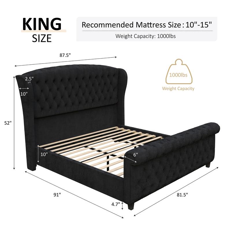 Estructura de cama tipo plataforma AMERLIFE, cama trineo tapizada en terciopelo con cabecero y piecero con alas curvas / No requiere somier / Regalo de Navidad / Las mejores ideas para regalos