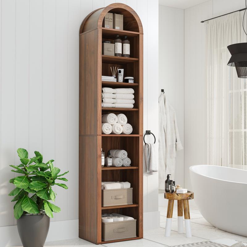 Estantería de madera arqueada FurSch de 178 cm de altura – Librería moderna de 8 niveles con estantes abiertos ajustables para almacenamiento en sala de estar y oficina.