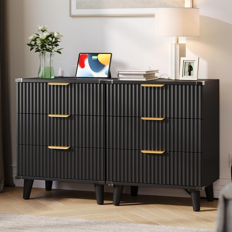 Mesitas de noche Aowos con paneles acanalados para dormitorio, mesita de noche moderna con 3 cajones y estación de carga, mesas auxiliares con paneles acanalados para dormitorio y sala de estar, mesita de noche con puertos USB, mesita de noche con almacen