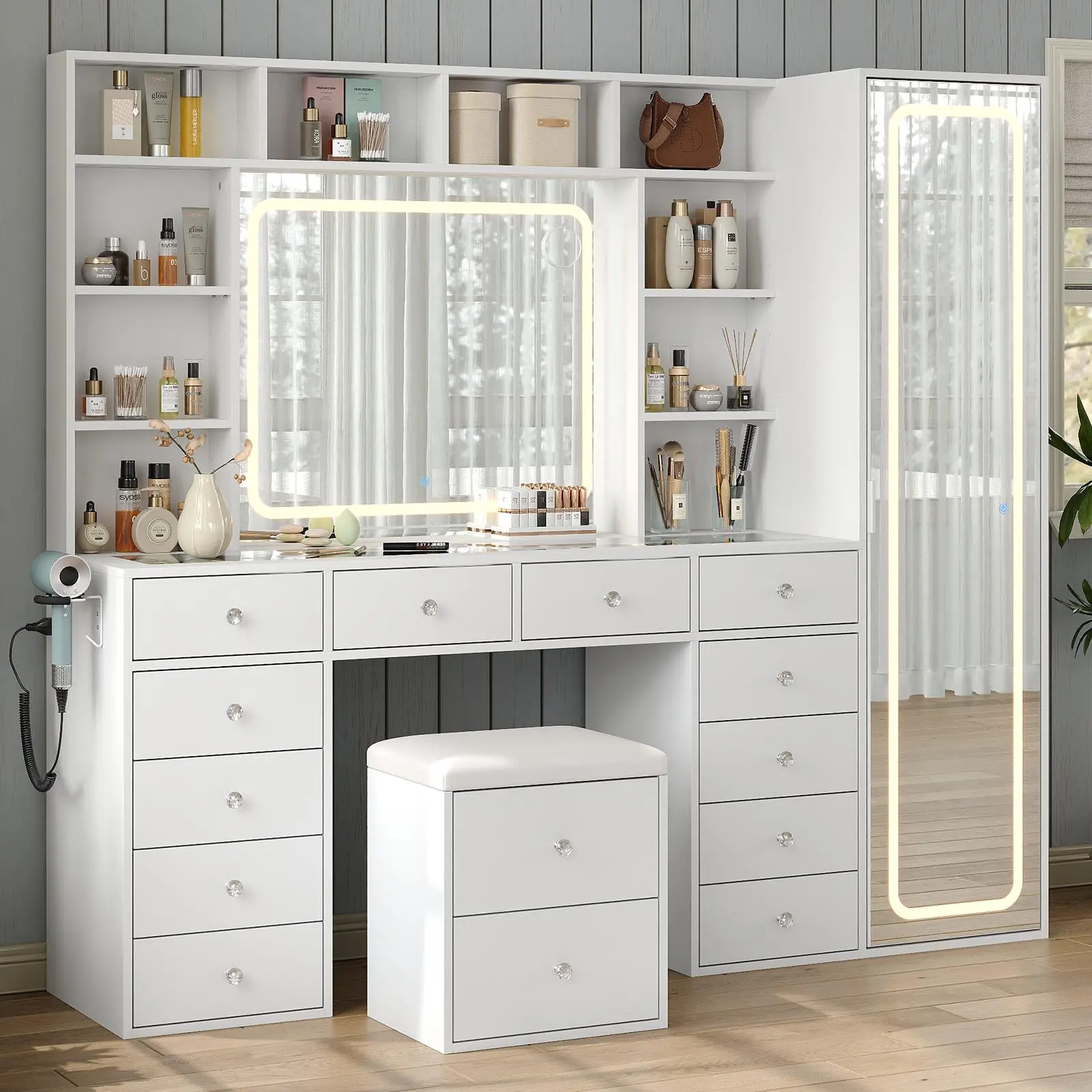 Tocador  2 en 1 que incluye espejo de cuerpo entero y espejo con iluminación LED, toma de corriente, 14 cajones, 10 estantes, espacio de almacenamiento oculto e iluminación tricolor regulable; ideal para el dormitorio.