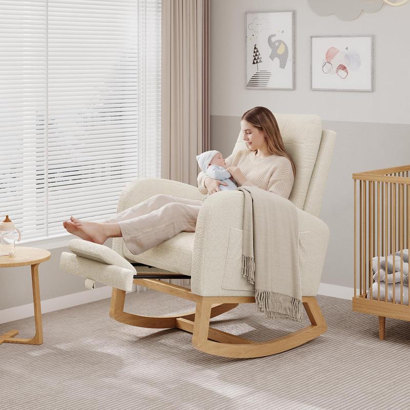 Mecedora reclinable moderna para guardería con carga USB, sillón mecedora tapizado de estilo mediados de siglo con respaldo alto, bolsillo lateral y patas de madera resistentes para cuarto de lactancia, dormitorio o sala de estar.
