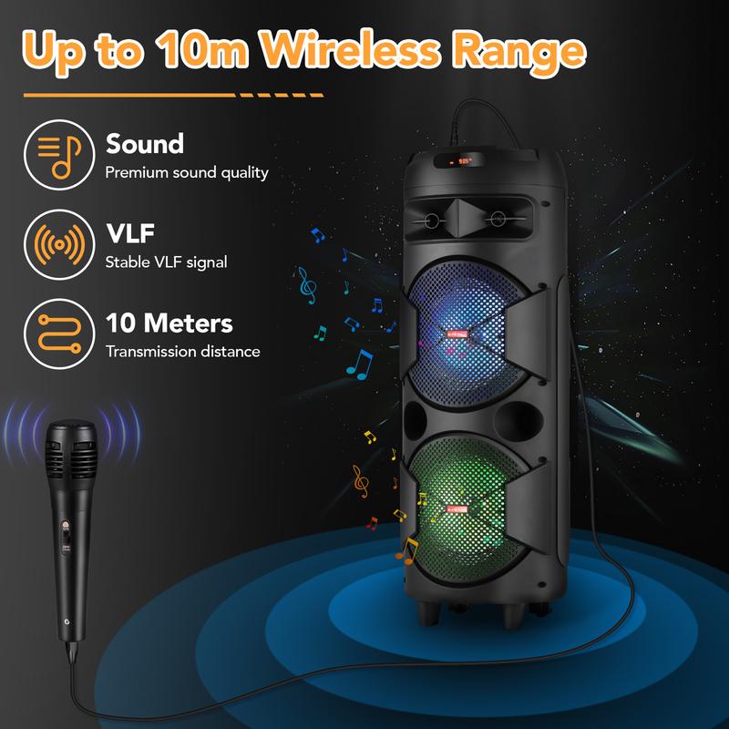 Altavoz inalámbrico doble de 8 pulgadas, sistema de altavoces portátil para fiestas, estéreo Bluetooth, woofer de 2x8", TWS, recargable, radio FM, control remoto, micrófono, iluminación LED y USB.