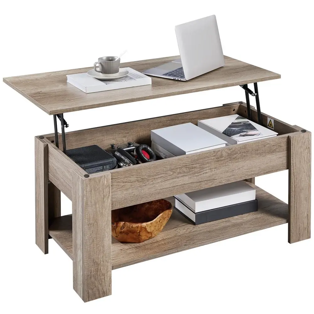 Mesa de centro elevable Yaheetech con compartimento oculto y 2 estantes abiertos. Diseño multiusos. Elevador a gas. Ideal para espacios pequeños. Perfecta para sala de estar, oficina o el hogar.