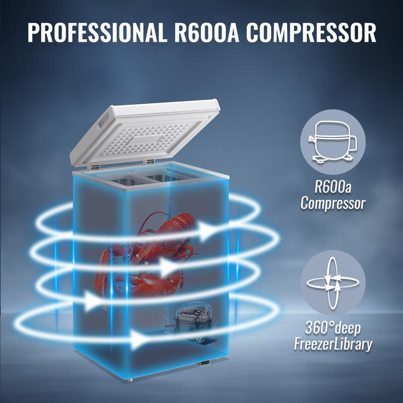 Congelador compacto WANAI de 2.4 pies cúbicos, congelador horizontal ecológico, mini congelador con 7 niveles de temperatura ajustables, cesta de almacenamiento extraíble, ahorro de energía.