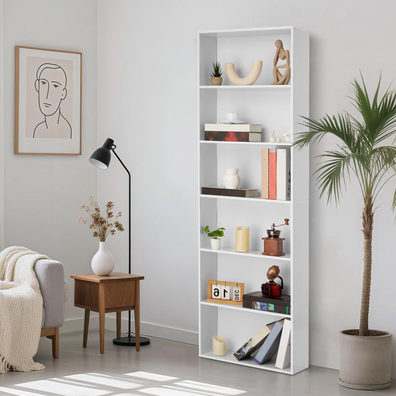 Librería alta de 6 baldas, librería de madera maciza con estilo rústico industrial para oficina en casa, organizador de almacenamiento resistente de 6 niveles para sala de estar.
