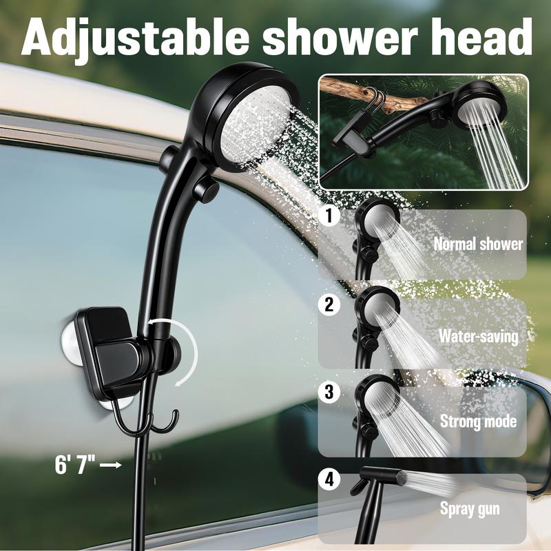 Ducha portátil para exteriores con bomba recargable de 6000 mAh, pantalla LED, cabezal ajustable de 3 modos con filtro PP, ventosas y cubo plegable de 5 galones: suministros esenciales para acampar, senderismo, viajes y lavado de autos.