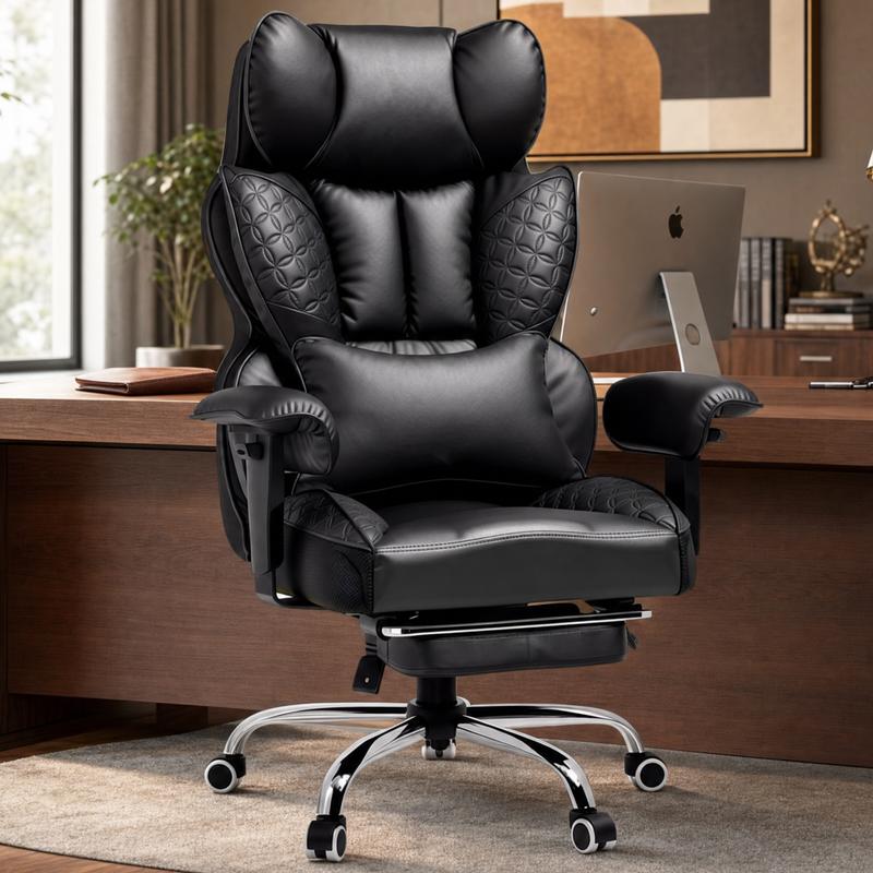 【Ofertas imperdibles】Silla de oficina grande y alta COMHOMA, soporta hasta 181 kg (400 lbs), silla ergonómica para juegos con cuero de lujo con relieve, reposapiés, reclinación de 150°, reposabrazos ajustables y respaldo con resortes ensacados.
